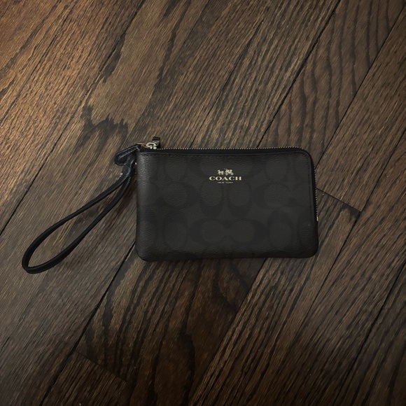 Coach Monogram Chocolate Brown Leather Gold Zip Double Pocket Wallet Wristlet